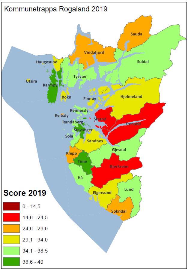 Kartet viser korleis kommunane er plasserte p&aring; kommunetrappa for 2019.