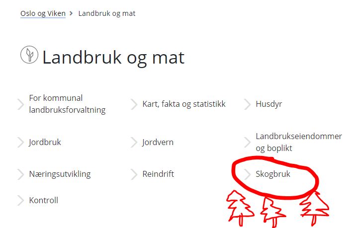 Skjermdump fra hovednettsiden vår Landbruk og mat. Fra nå finner du alle saker om skogbruk på samme side.