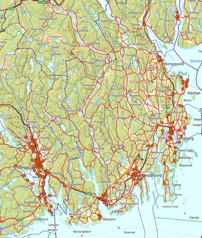 Varslingsanlegg i Vestfold og Telemark Kartutsnitt fra DSB's kartløsning