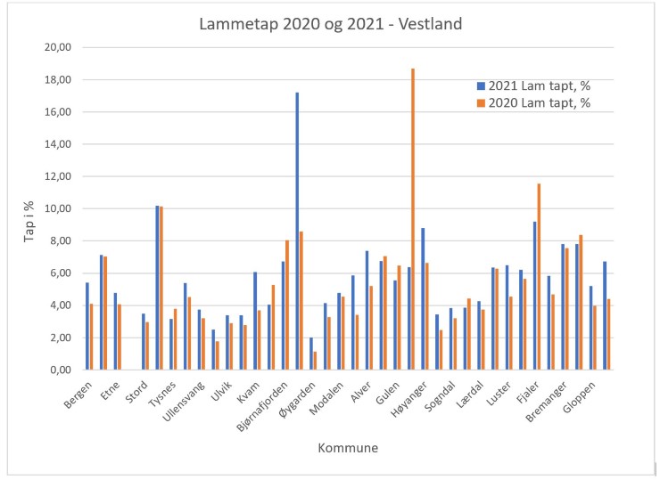 Figur 1: Lammetap per kommune i 2020 og 2021