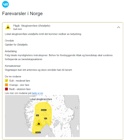 Skjermdump fra Yr.no 01.07.2021. Det er nå lokal skogbrannfare på Østlandet inntil det kommer nedbør av betydning. 