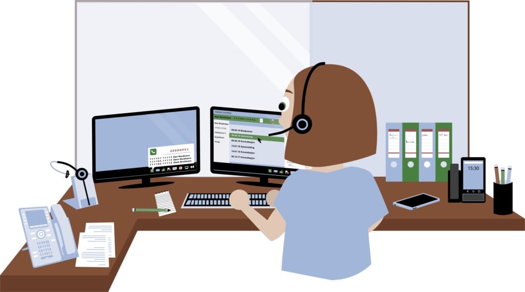 Illustrasjon av kvinne som jobber med PC og hodetelefoner på kontor.