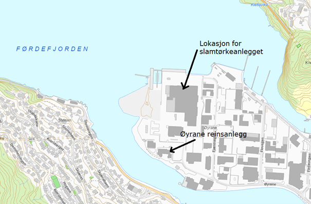 Oversiktskart som viser lokalisering av pilotanlegget for tørking av avløpsslam på Øyrane. Slammet som skal tørkast ved anlegget kjem frå reinseprosessane ved Øyrane avløpsreinseanlegg.