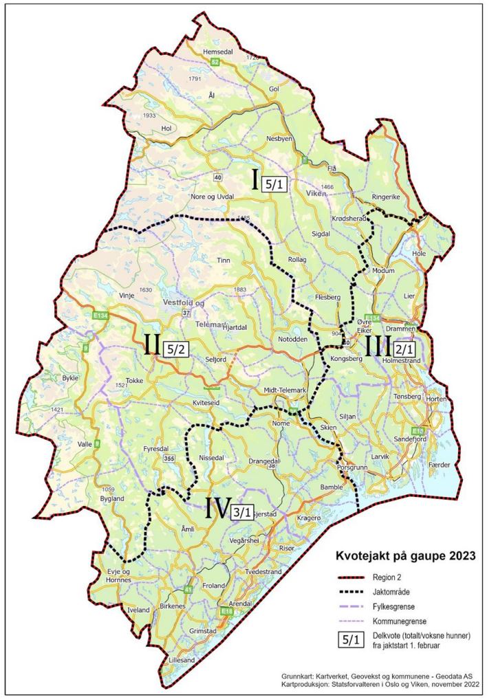 Figur 1. Jaktområder og kvotefordeling i Rovviltregion 2 fra jaktstart 1. februar 2023. 
Merk at det ikke er kvotefri jakt i noen av kommunene i Agder, og  at kvotejakt er innført i Bygland, Evje- og Hornnes, Iveland og Lillesand kommuner i 2023.