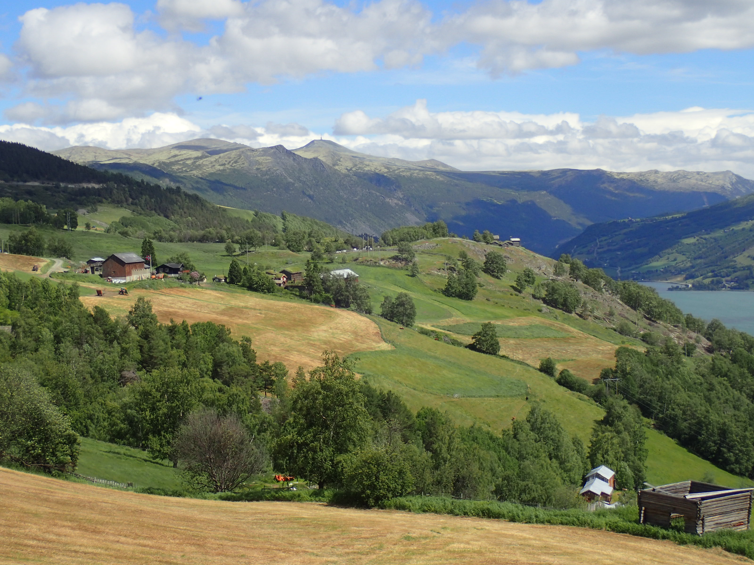 Utsikt over bratt jordbruksområde med fjell i bakgrunnen og glimt av det grønne Vågåvatnet