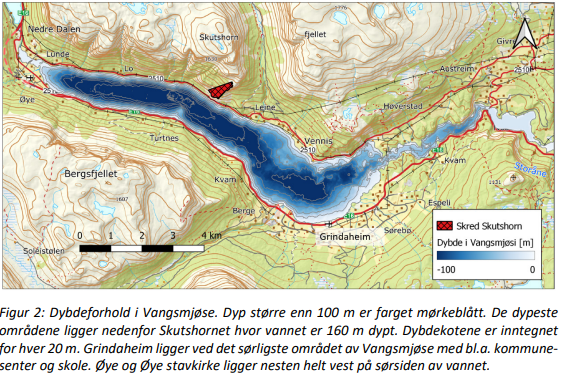 Kart over Vangsmjøse i Vang i Valdres.  Det viser dybdeforhold i Vangsmjøse. Kommunesenteret Grindaheim og Øye som ligger Nord-Vest i kommunen kan bli råka av eit fjellskred frå Skutshorn