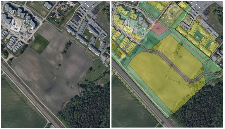 Venstre flyfoto viser fulldyrka jordbruksareal. Høgre flyfoto viser planlagd bustadsområde på same areal. (Kartproduksjon: Statsforvalteren i Oslo og Viken. Kilde: Norge digitalt)