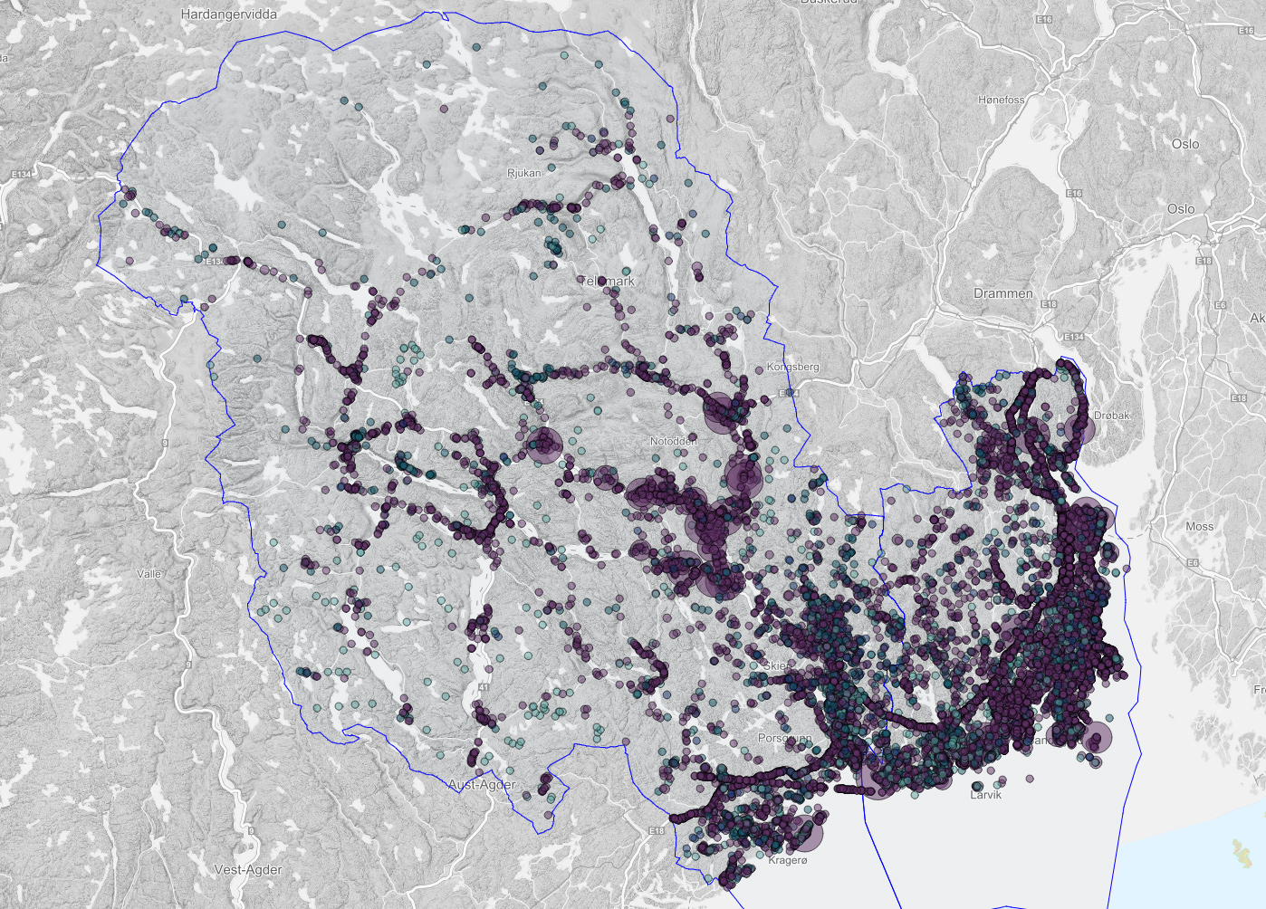 Kart som viser utbredelse av fremmede arter i kategoriene lav, h&oslash;y, potensielt h&oslash;y og sv&aelig;rt h&oslash;y risiko for norsk natur